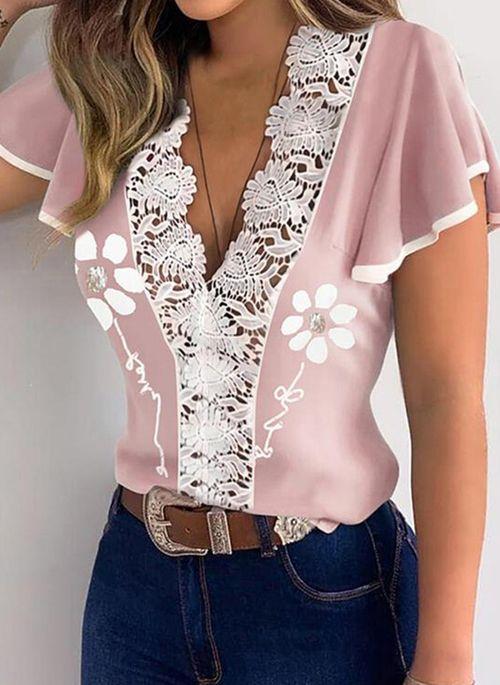 BL10365 Floral Casual V Neckline Short Sleeve Blouses