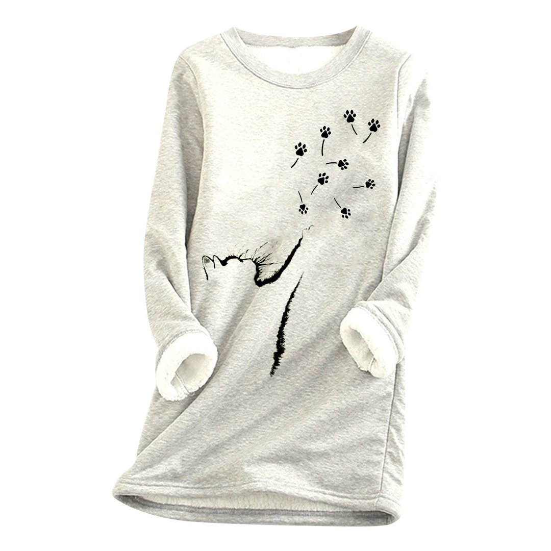 Cat paw Casual Cotton Round Neck Solid Sweatshirt