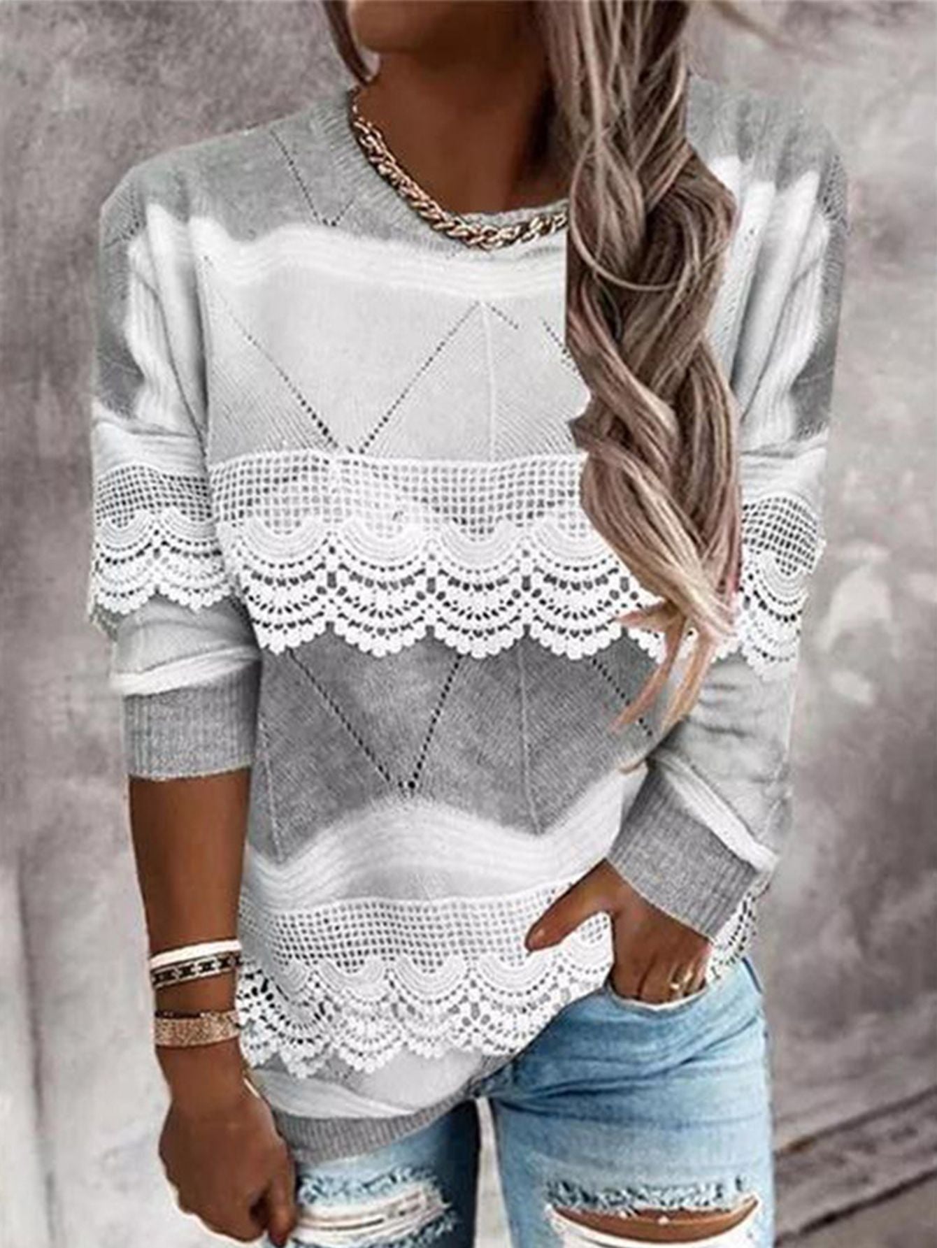 Fashion Pullover Patchwork Lace Tops Elegant Long Sleeve O Neck Long Sleeve Sweatshirts
