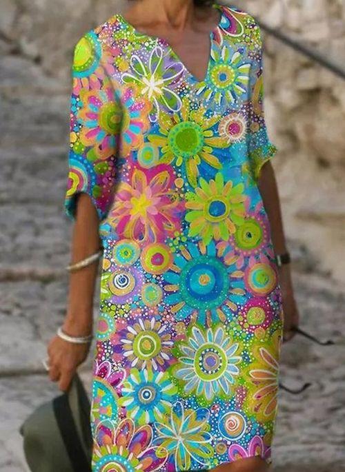 DS11062 Casual Floral Tunic V Neckline A line Dress