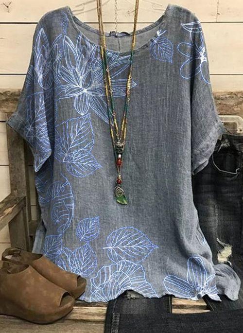 BL10355 Floral Casual Round Neckline Short Sleeve Blouses