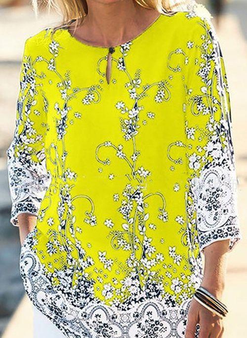BL10376 Floral Casual Round Neckline Long Sleeve Blouses