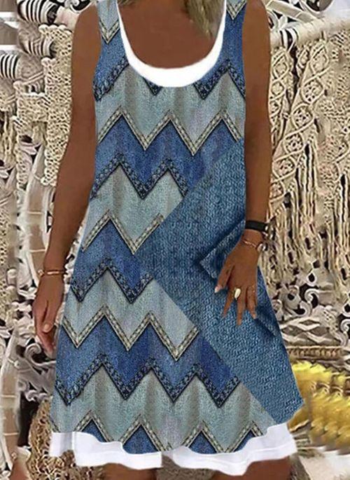 DS11070 Casual Color Block Tunic Round Neckline A line Dress