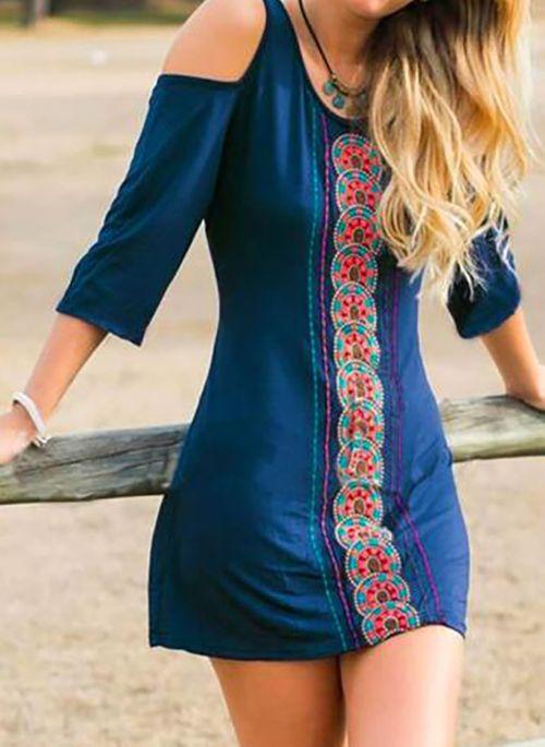 DS10424 Vintage Floral Skater Round Neckline X line Dress