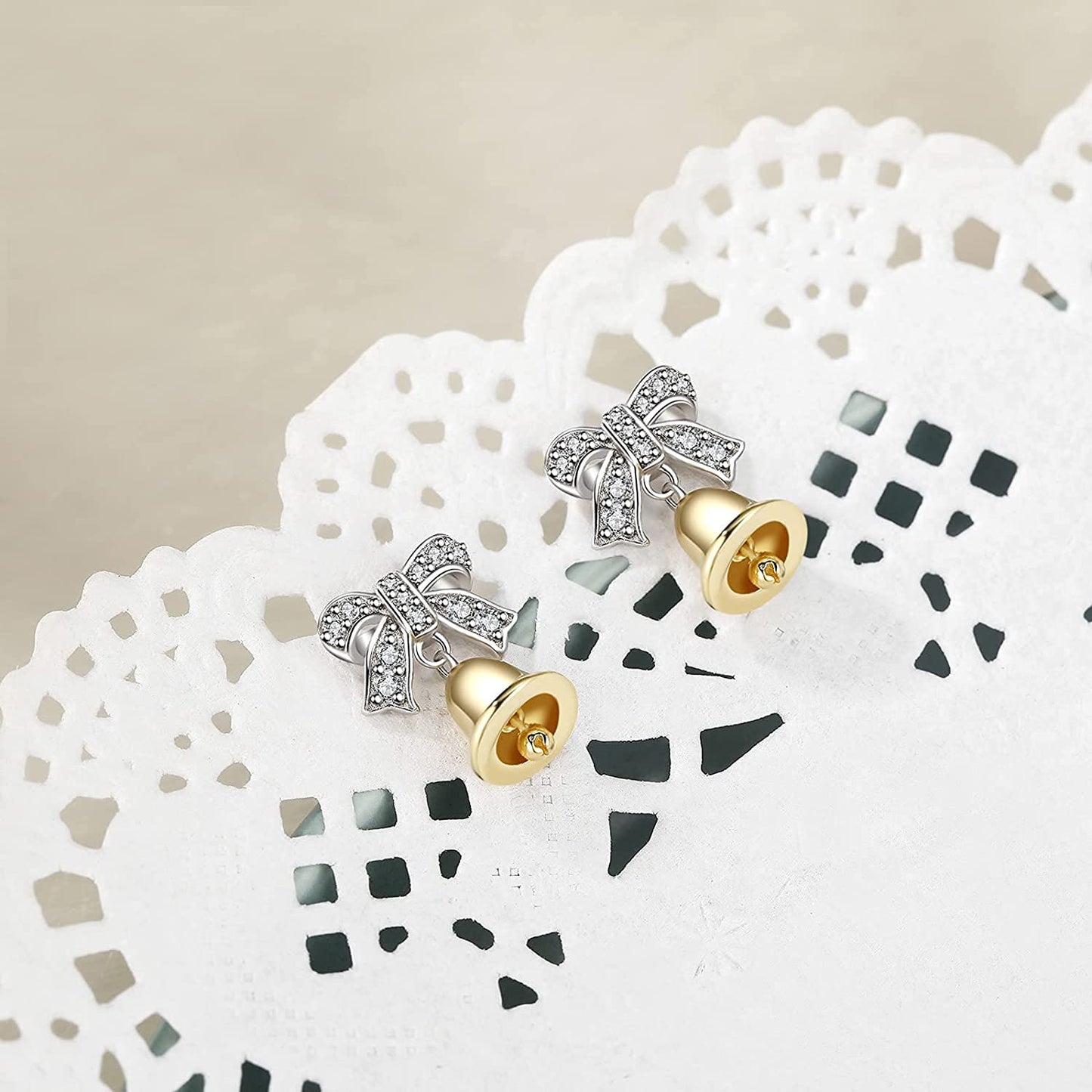 Christmas Bell Bow Silver Stud Earrings