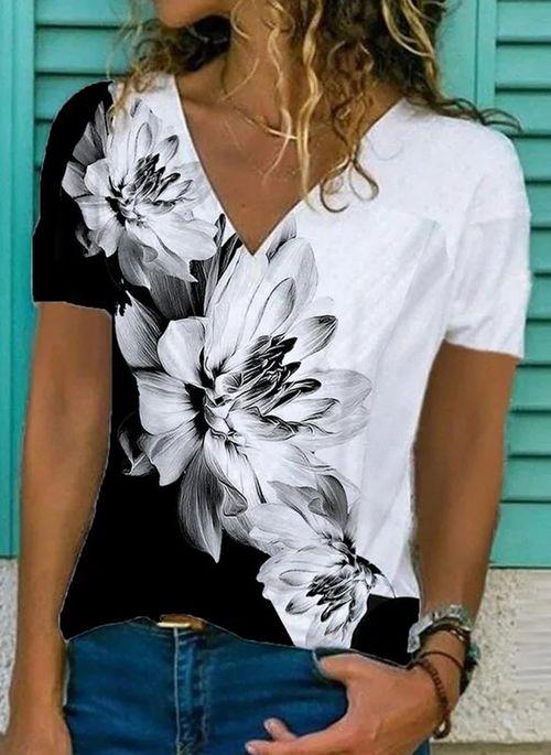 BL10375 Floral Casual V Neckline Short Sleeve Blouses