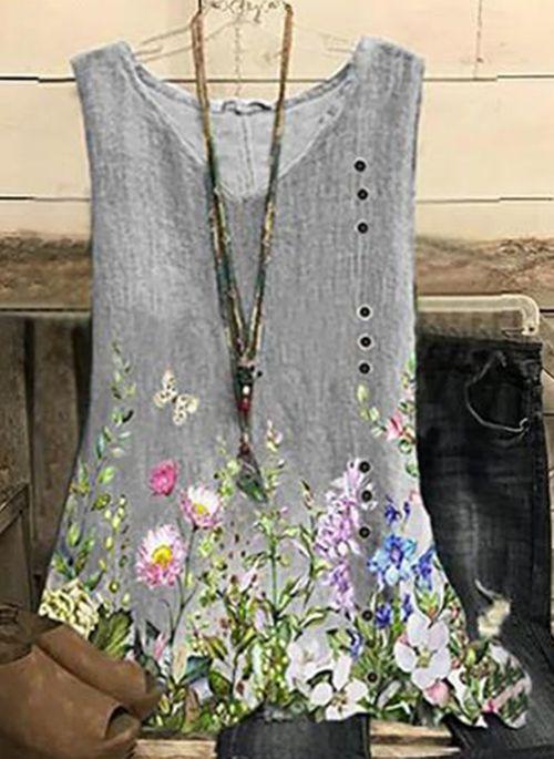 TK10103 Floral Casual V Neckline Sleeveless Blouses