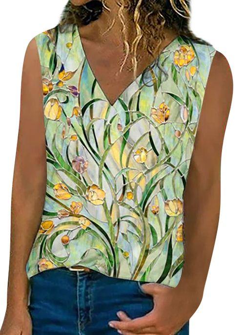 TK10115 Floral Casual V Neckline Sleeveless Blouses