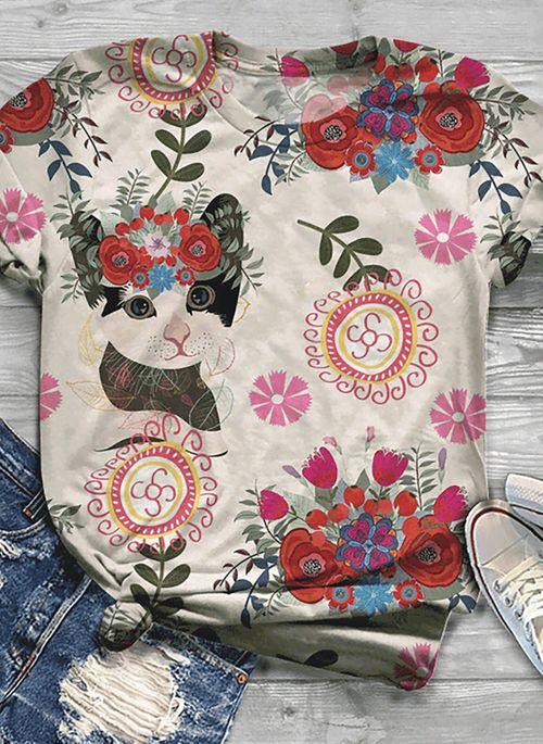 BL10382 Animal Casual Round Neckline Short Sleeve Blouses