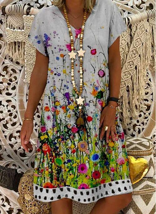 DS10439 Casual Floral Tunic V Neckline A line Dress