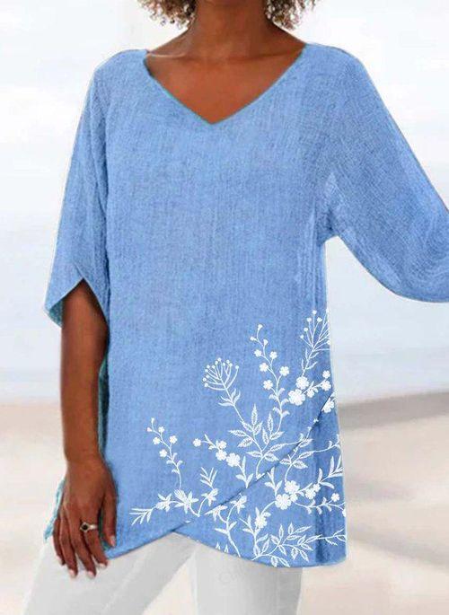 BL10352 Floral Casual V Neckline 3 4 Sleeves Blouses