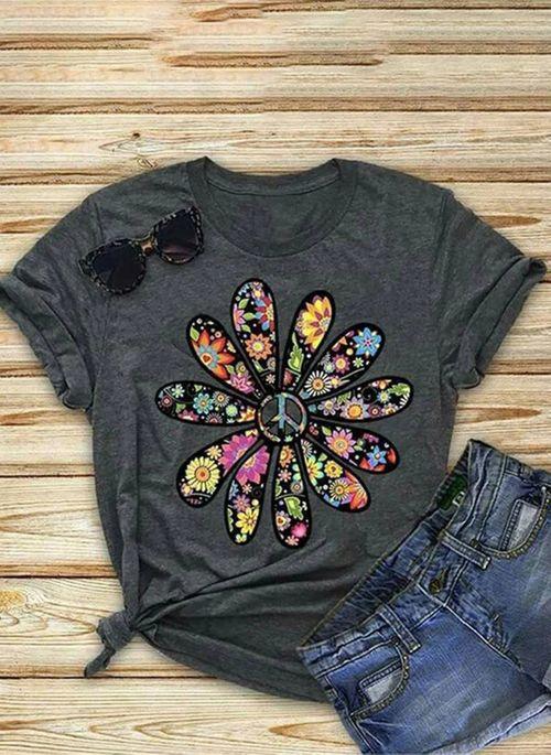 BL10354 Floral Casual Round Neckline Short Sleeve Blouses