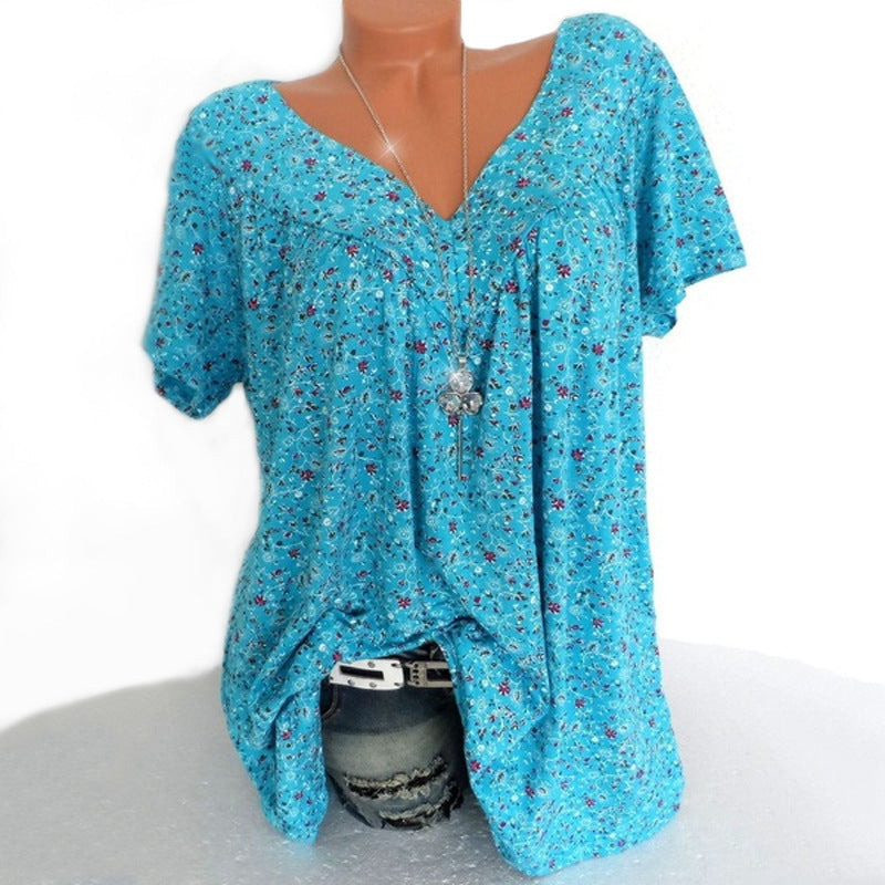 Summer V neck Loose Short sleeve Print Casual Womens T shirt