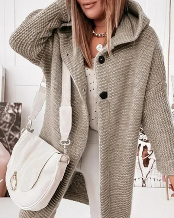 Ribbed Knit Button Up Open Front Hooded Cardigan