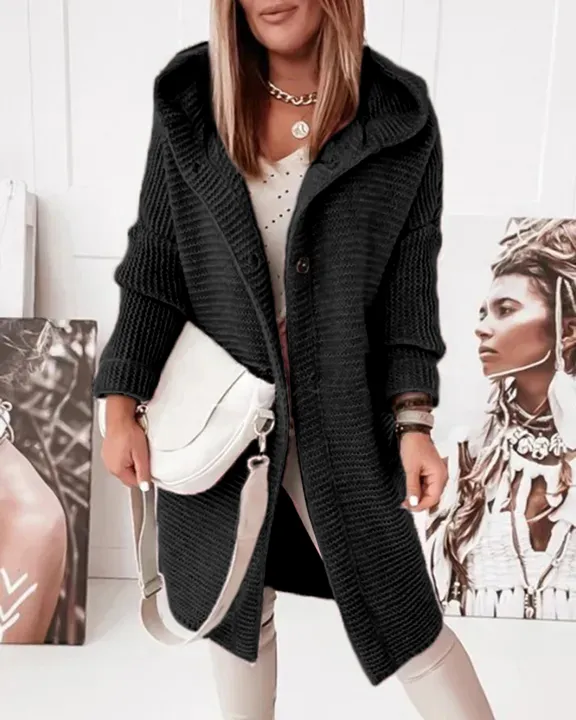Ribbed Knit Button Up Open Front Hooded Cardigan