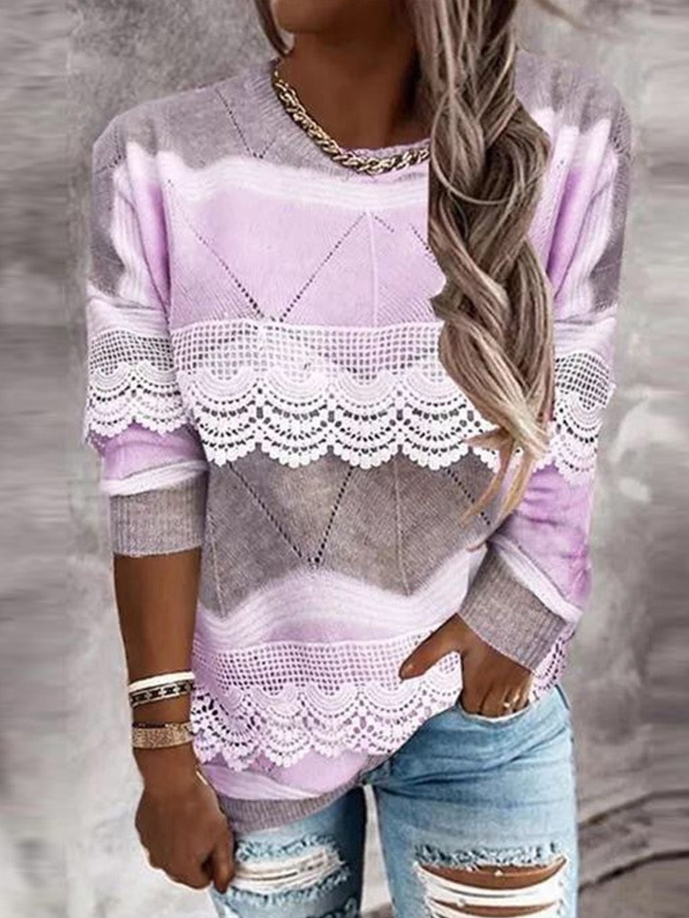 Fashion Pullover Patchwork Lace Tops Elegant Long Sleeve O Neck Long Sleeve Sweatshirts