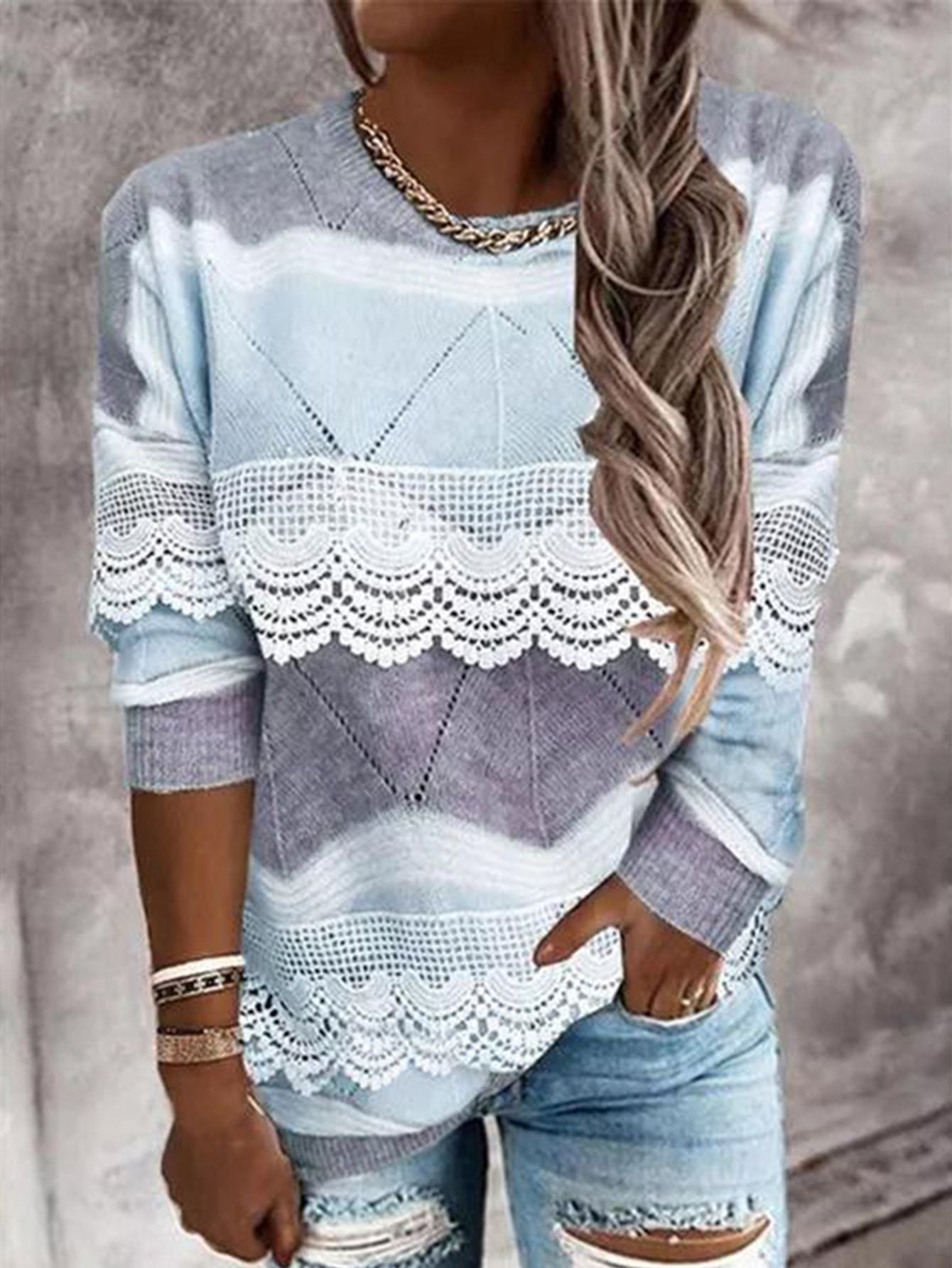 Fashion Pullover Patchwork Lace Tops Elegant Long Sleeve O Neck Long Sleeve Sweatshirts