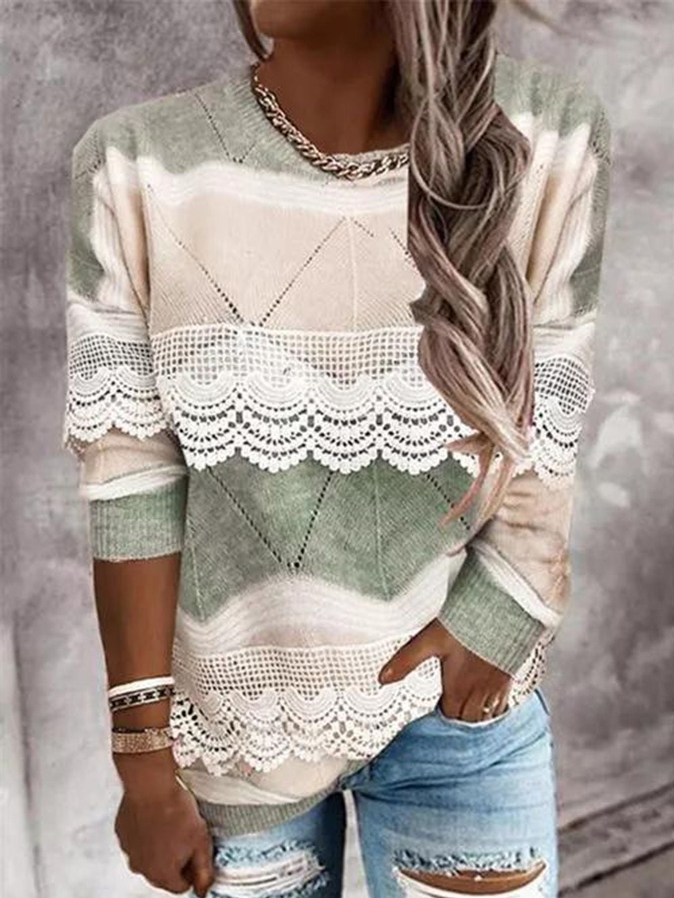 Fashion Pullover Patchwork Lace Tops Elegant Long Sleeve O Neck Long Sleeve Sweatshirts