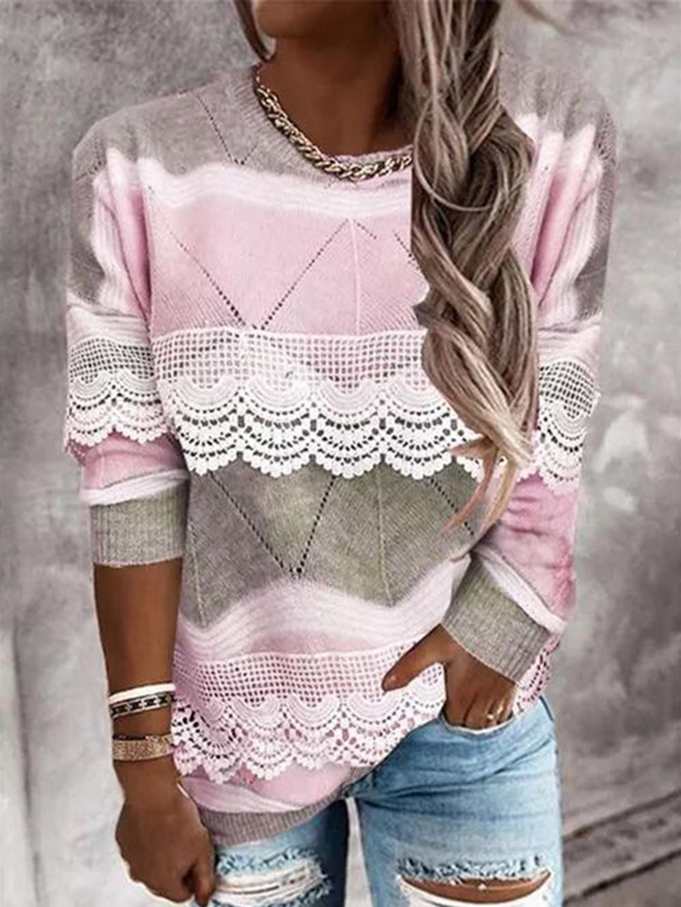 Fashion Pullover Patchwork Lace Tops Elegant Long Sleeve O Neck Long Sleeve Sweatshirts