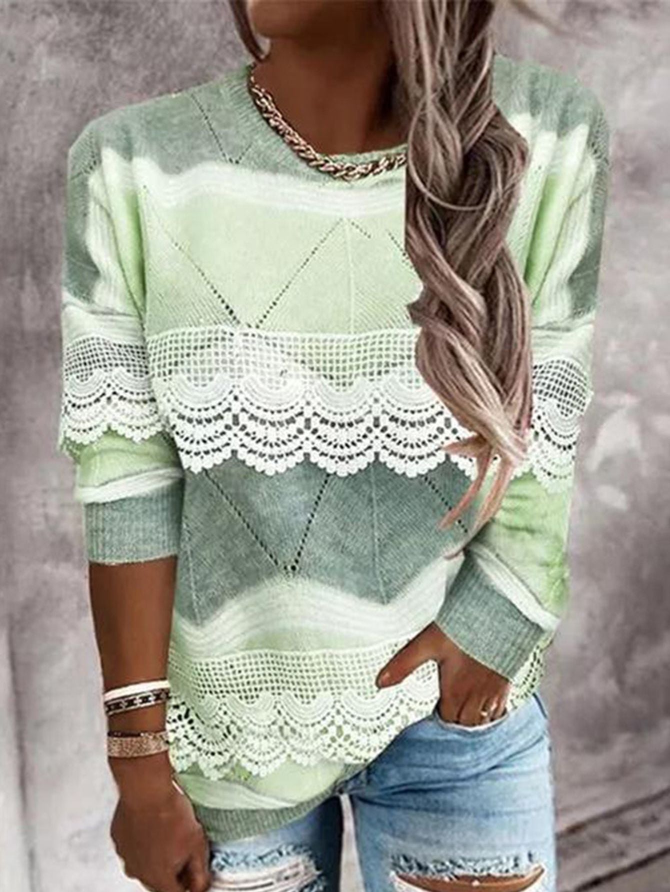 Fashion Pullover Patchwork Lace Tops Elegant Long Sleeve O Neck Long Sleeve Sweatshirts