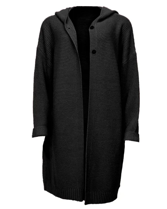 Ribbed Knit Button Up Open Front Hooded Cardigan