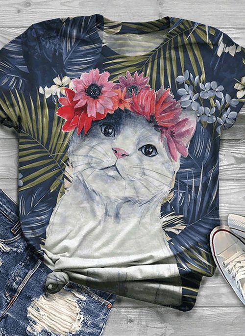 BL10382 Animal Casual Round Neckline Short Sleeve Blouses