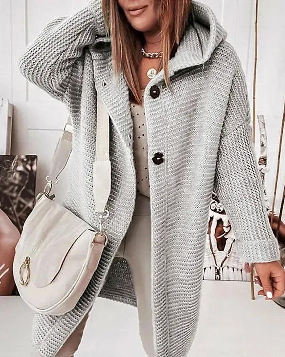 Ribbed Knit Button Up Open Front Hooded Cardigan