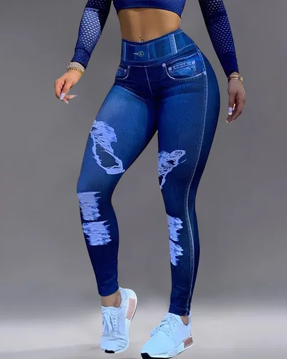 Denim Look High Waist Sports Leggings
