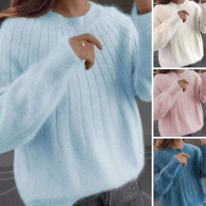 Solid Round Neck Fluffy Knitting Sweater