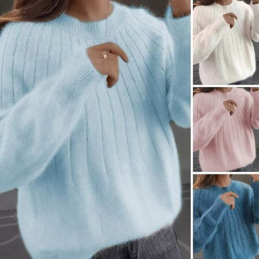 Solid Round Neck Fluffy Knitting Sweater