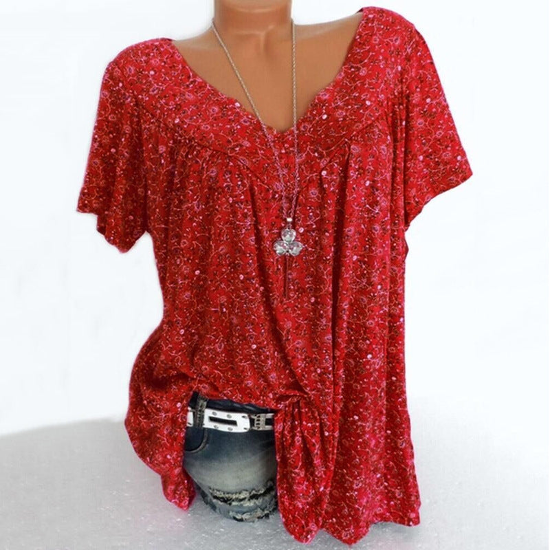 Summer V neck Loose Short sleeve Print Casual Womens T shirt