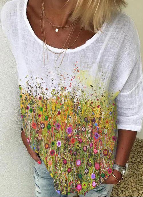 BL10339 Floral Casual Round Neckline 3 4 Sleeves Blouses