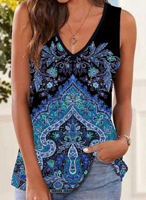 TK10108 Floral Casual V Neckline Sleeveless Blouses