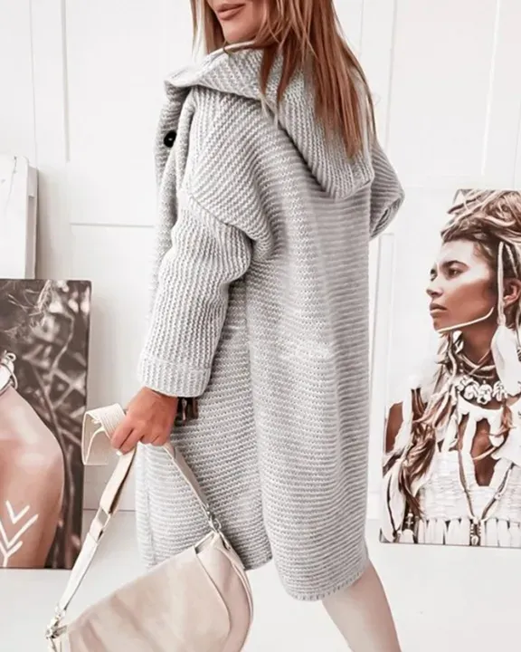 Ribbed Knit Button Up Open Front Hooded Cardigan
