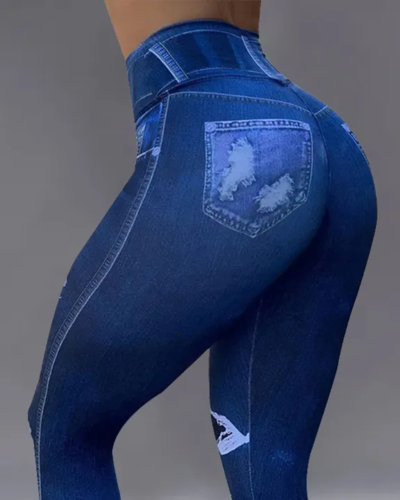 Denim Look High Waist Sports Leggings