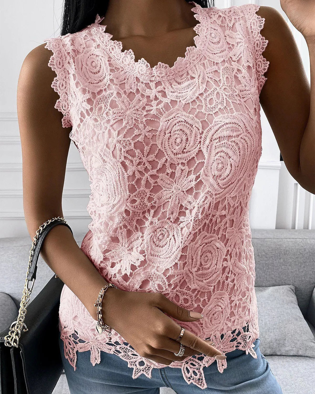 Womens U neck Sleeveless Solid Color Casual Fashion Lace T shirt Top