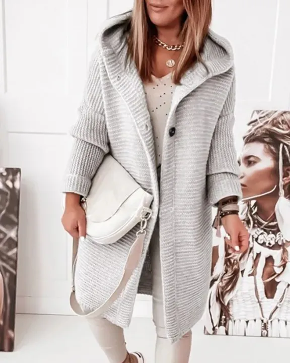 Ribbed Knit Button Up Open Front Hooded Cardigan