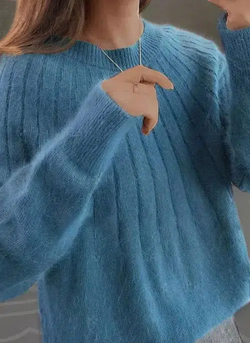 Solid Round Neck Fluffy Knitting Sweater