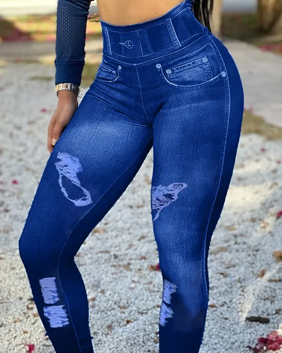 Denim Look High Waist Sports Leggings