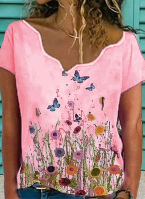 TP10293 Floral V Neckline Short Sleeve Casual T shirts