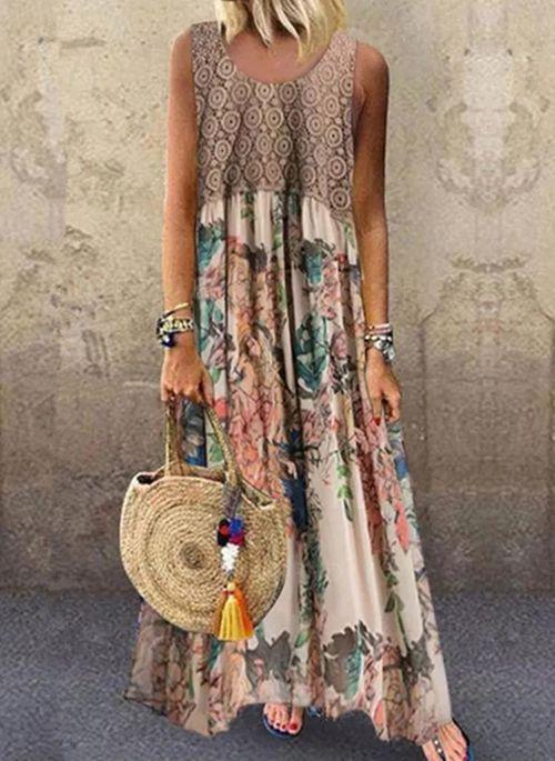 DS10438 Vintage Floral Tunic Round Neckline A line Dress