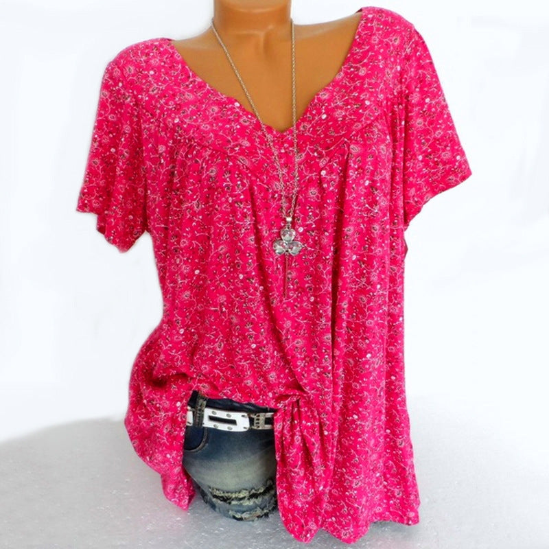 Summer V neck Loose Short sleeve Print Casual Womens T shirt