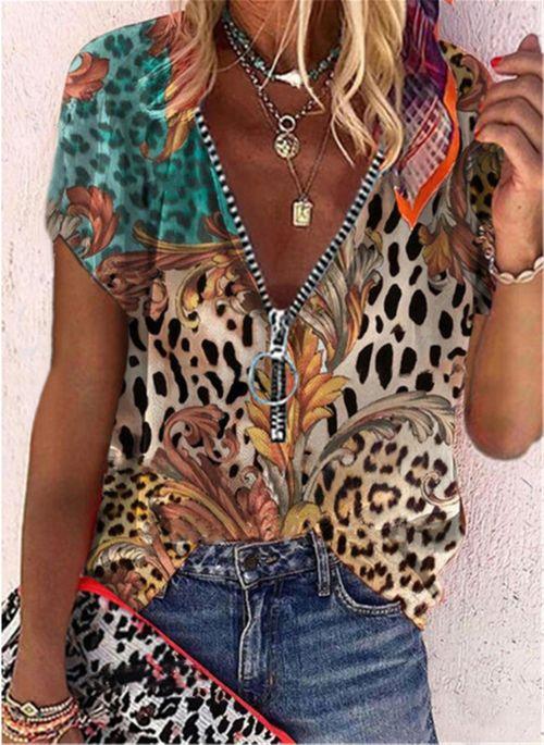 TP10297 Geometric V Neckline Short Sleeve Casual T shirts