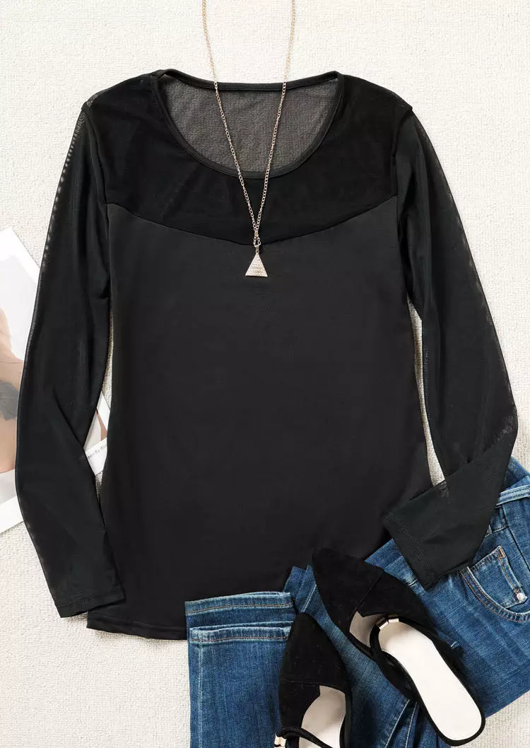 Mesh Splicing Long Sleeve Blouse