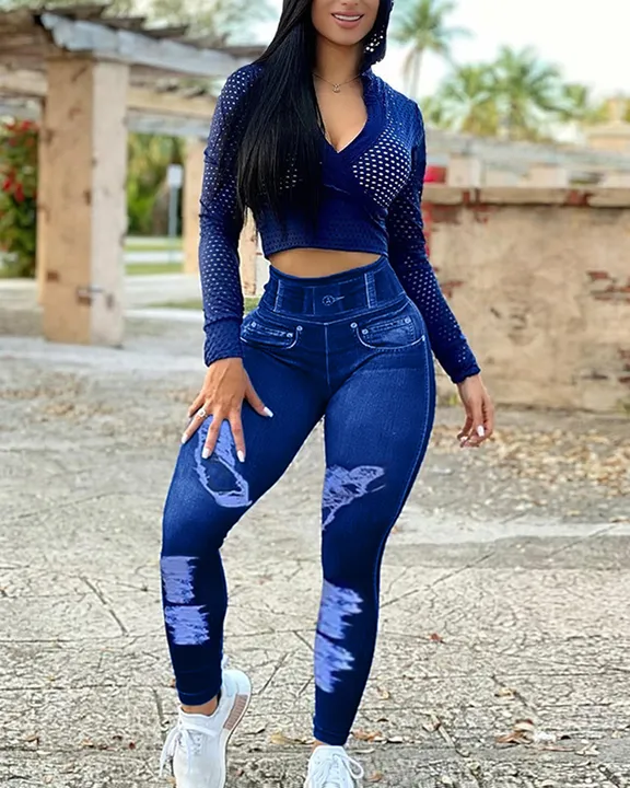 Denim Look High Waist Sports Leggings