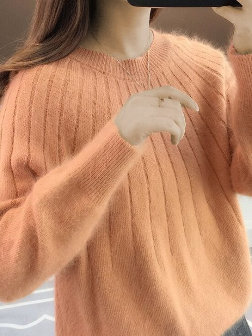 Solid Round Neck Fluffy Knitting Sweater