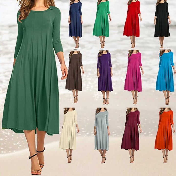 Womens New Mid sleeve Solid Color Swing Dress