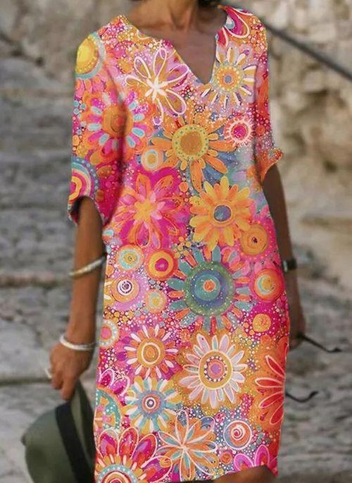 DS11062 Casual Floral Tunic V Neckline A line Dress