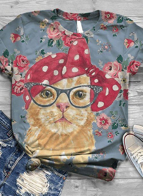 BL10382 Animal Casual Round Neckline Short Sleeve Blouses