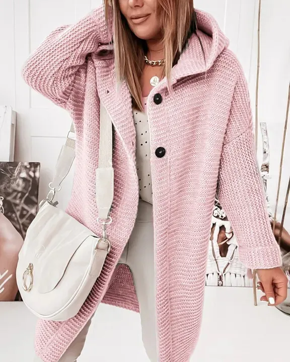 Ribbed Knit Button Up Open Front Hooded Cardigan